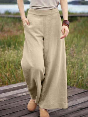 Women Pure Color Casual High Elastic Waisted Plain Wide Leg Pants With Pocket