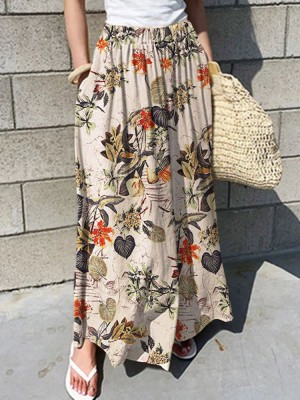 Women Floral Print Elastic Waist Pleated Casual Wide Leg Pants With Pocket